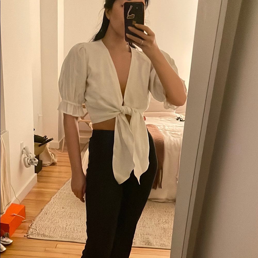 Faithfull the Brand White Tie Front Crop Blouse